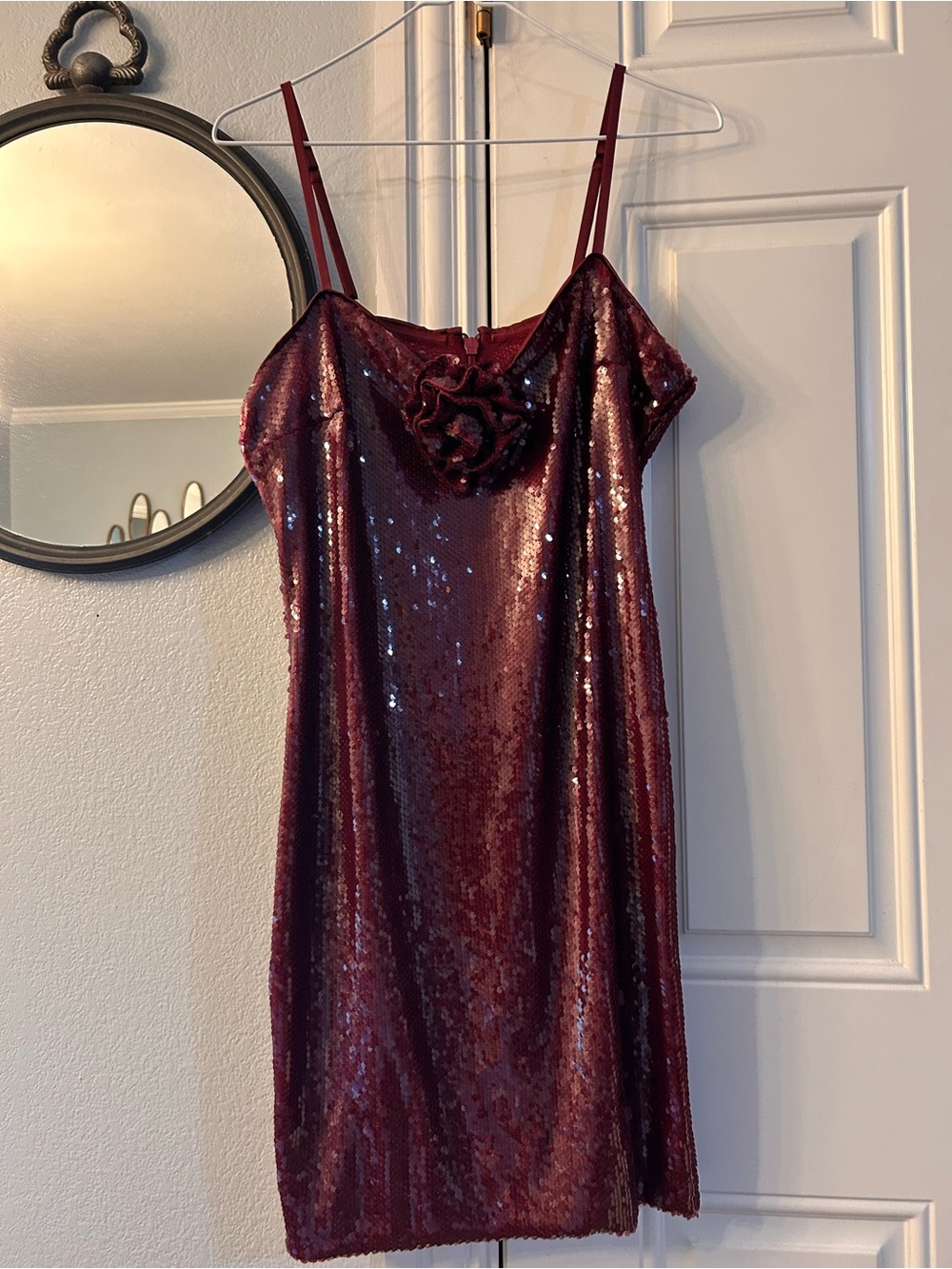 French Connection Sequin Slip Dress with Floral Accent - Burgundy Red